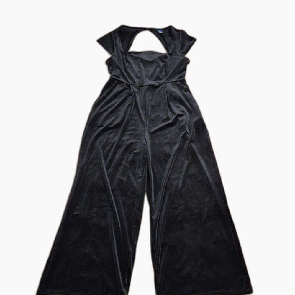 Old Navy Velvet Jumpsuit L BlackJack Wide Leg Keyhole Back Cap Sleeves NWT